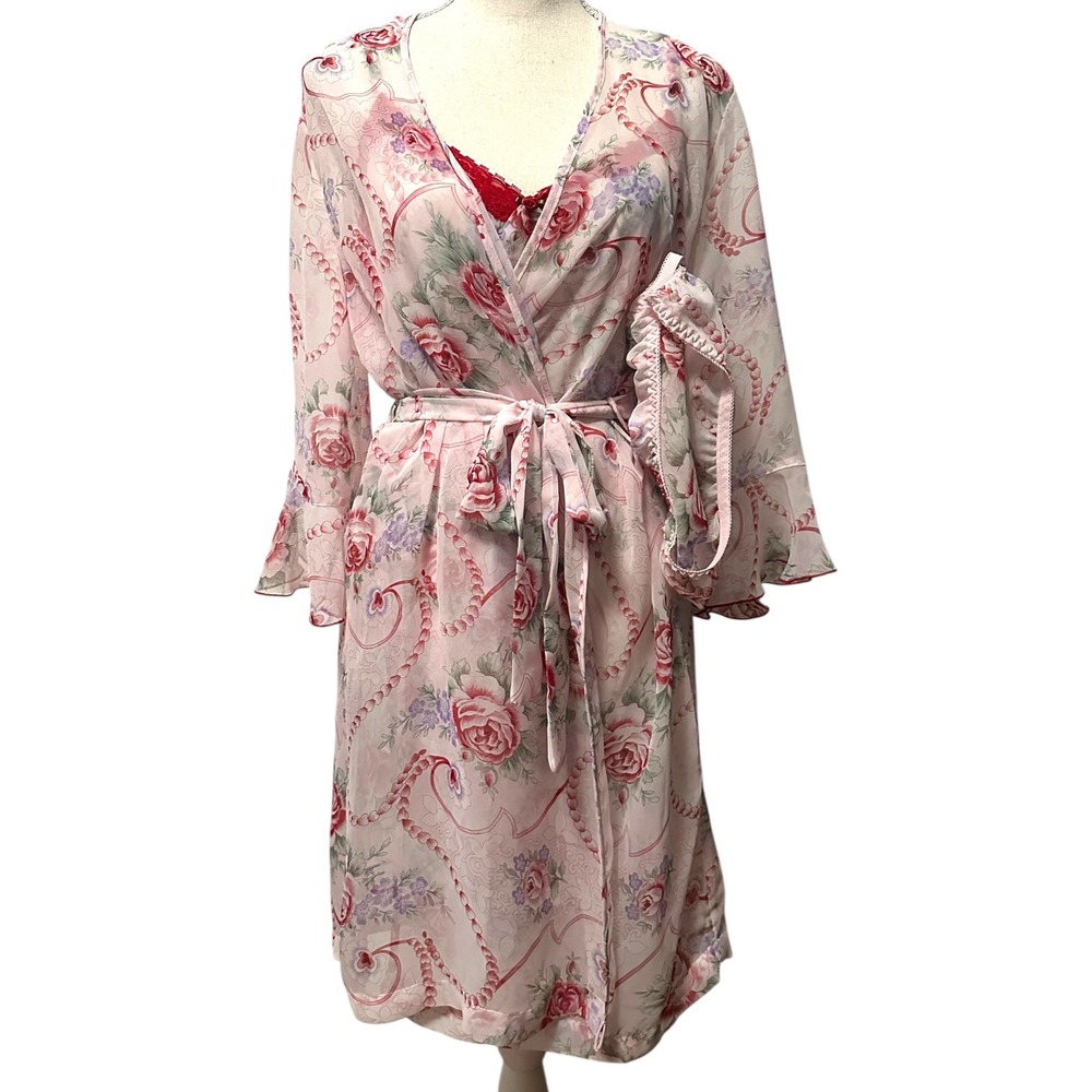 Secret Treasures 3 Pc Floral Sheer Chemise Robe Sheer Set M Coquette Lingerie